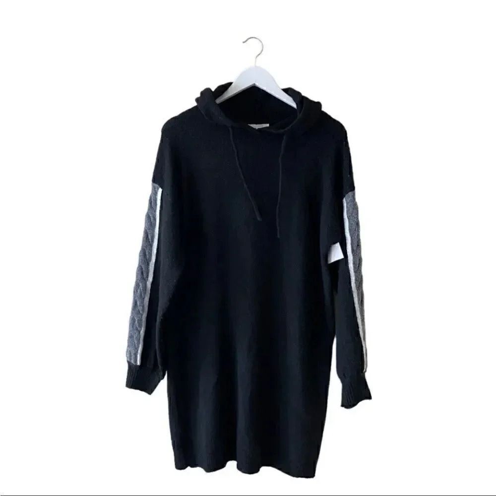 StitchDrop Fuzzy Black Grey Cozy Oversized Hooded Sweater Dress Sleeves Sz XL